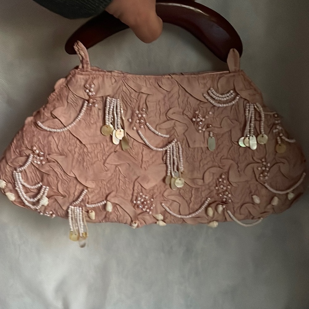 Peach  pearl shell beads wood purse bag soft fabric